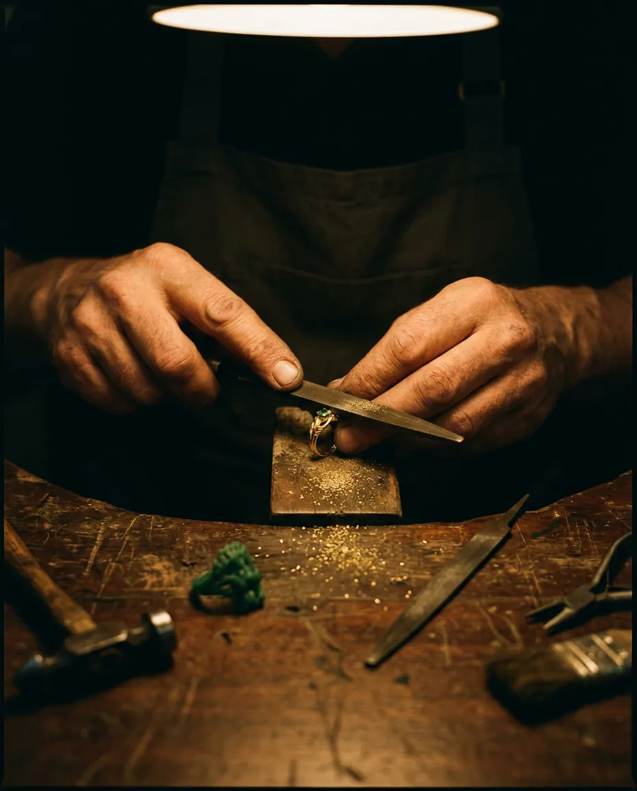 Manos de un joyero puliendo un anillo de oro con esmeralda en el banco de trabajo